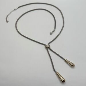 Beautiful Two Tone Mesh Lariat Necklace CZ Slider Adjustable Silver Gold